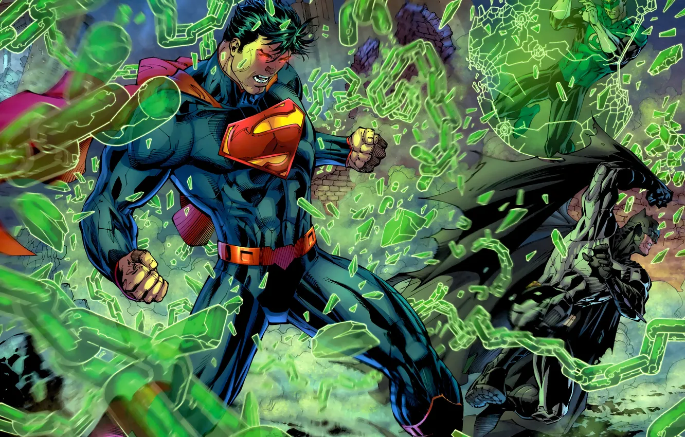 Фото обои бэтмен, супермен, зелёный фонарь