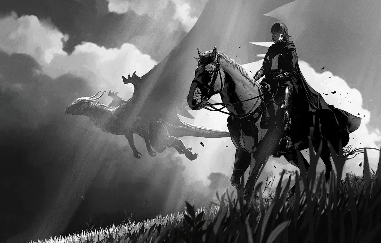 Фото обои black & white, fantasy, armor, sky, monochrome, clouds, dragon, horse