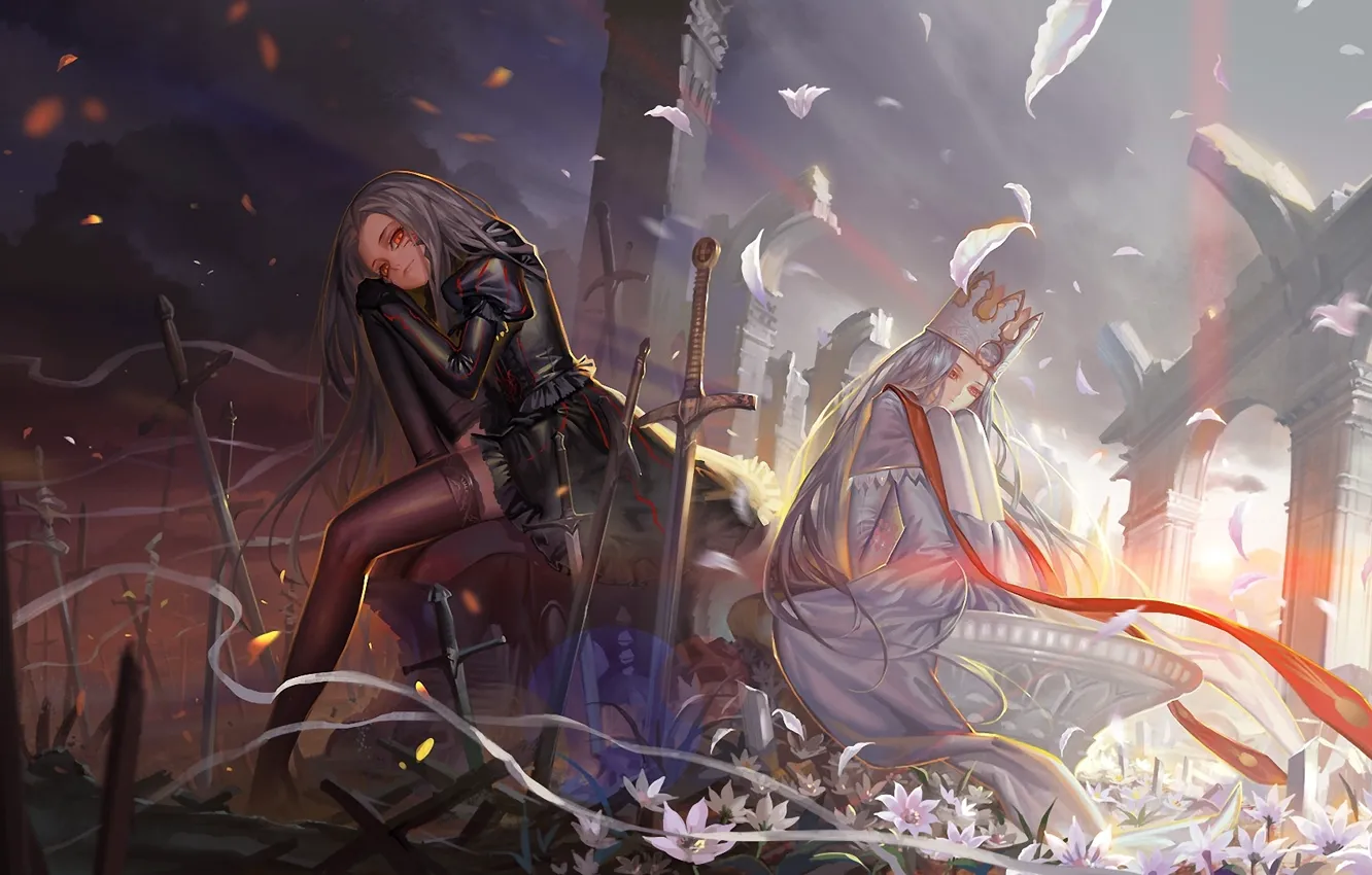 Фото обои цветы, оружие, девушки, меч, корона, лепестки, руины, арки