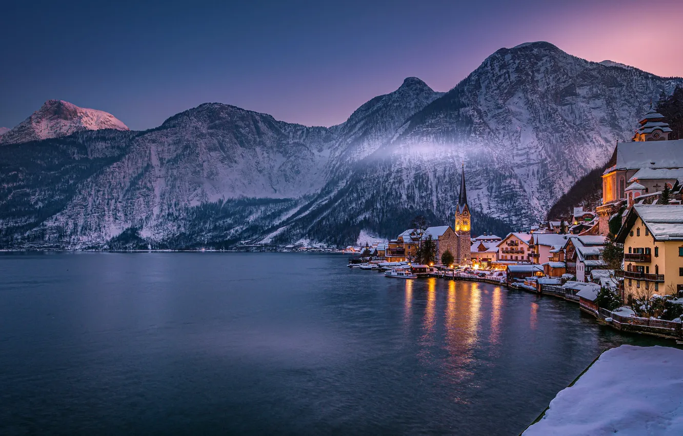 Фото обои зима, горы, озеро, здания, дома, Австрия, Альпы, Austria