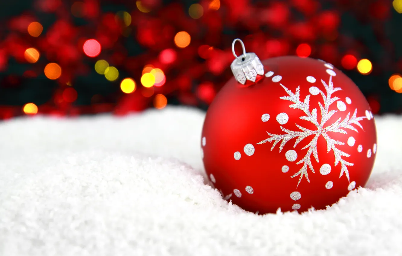 Фото обои снег, красный, узор, игрушка, шар, Новый Год, Рождество, Christmas