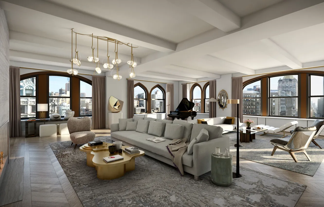 Фото обои интерьер, мегаполис, NYC, гостиная, Нью - Йорк, Flatiron Penthouse