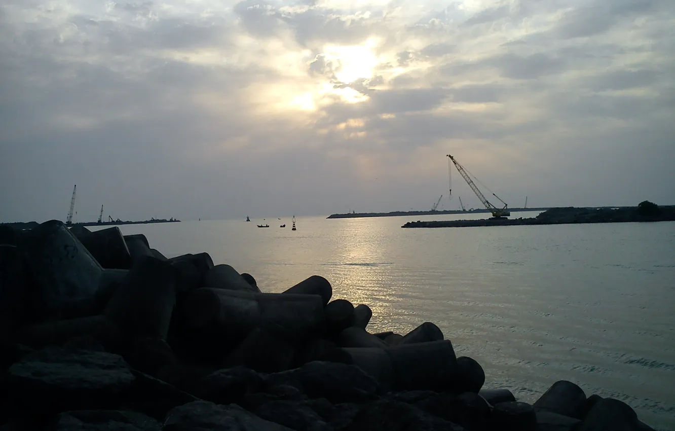 Фото обои sunrise, boat, lantern, Sea, Iran, crane, breakwater, Caspian