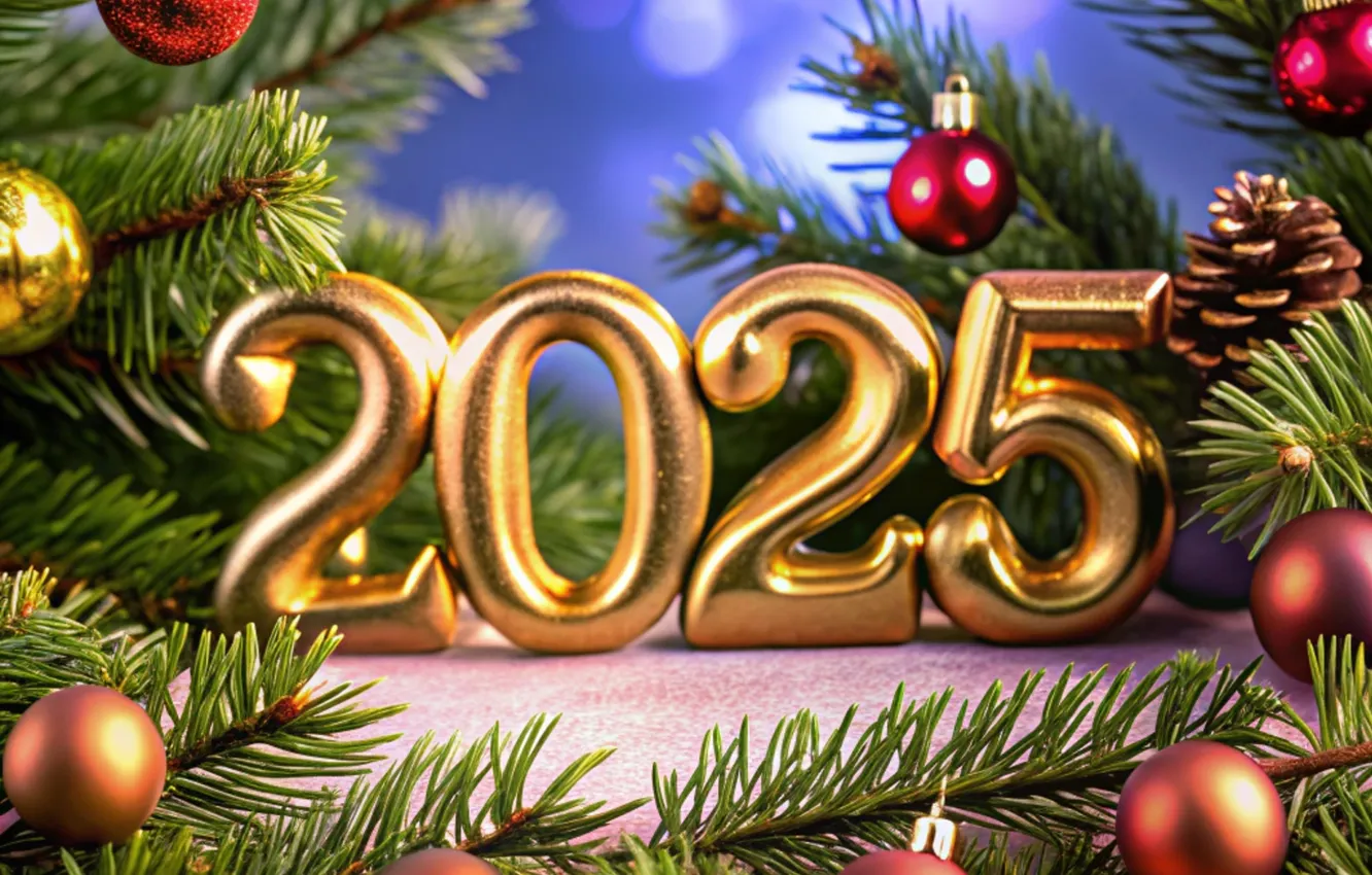 Фото обои украшения, шары, елка, цифры, Новый год, golden, new year, bokeh