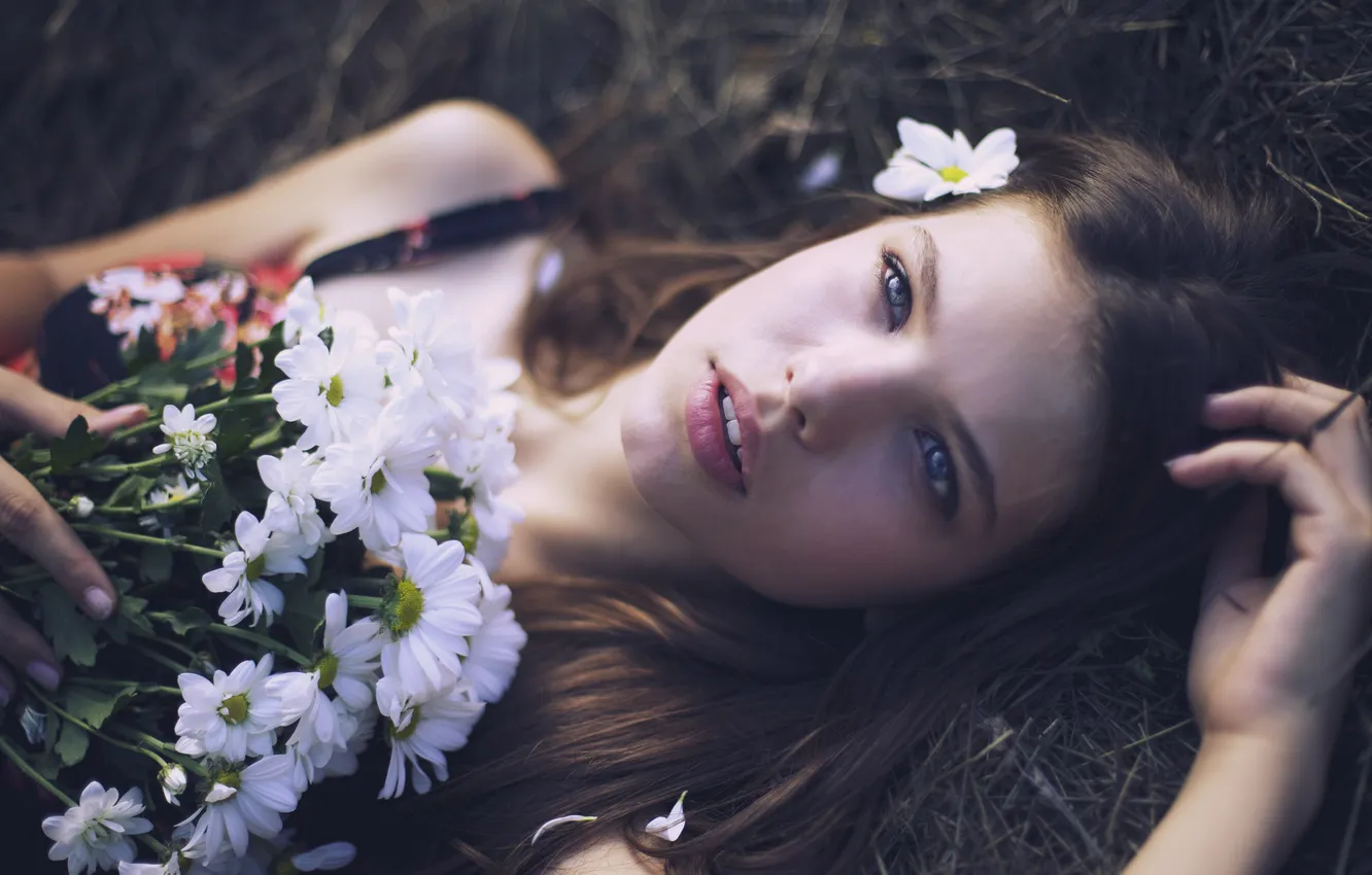 Фото обои взгляд, девушка, цветы, букет, лепестки, шатенка