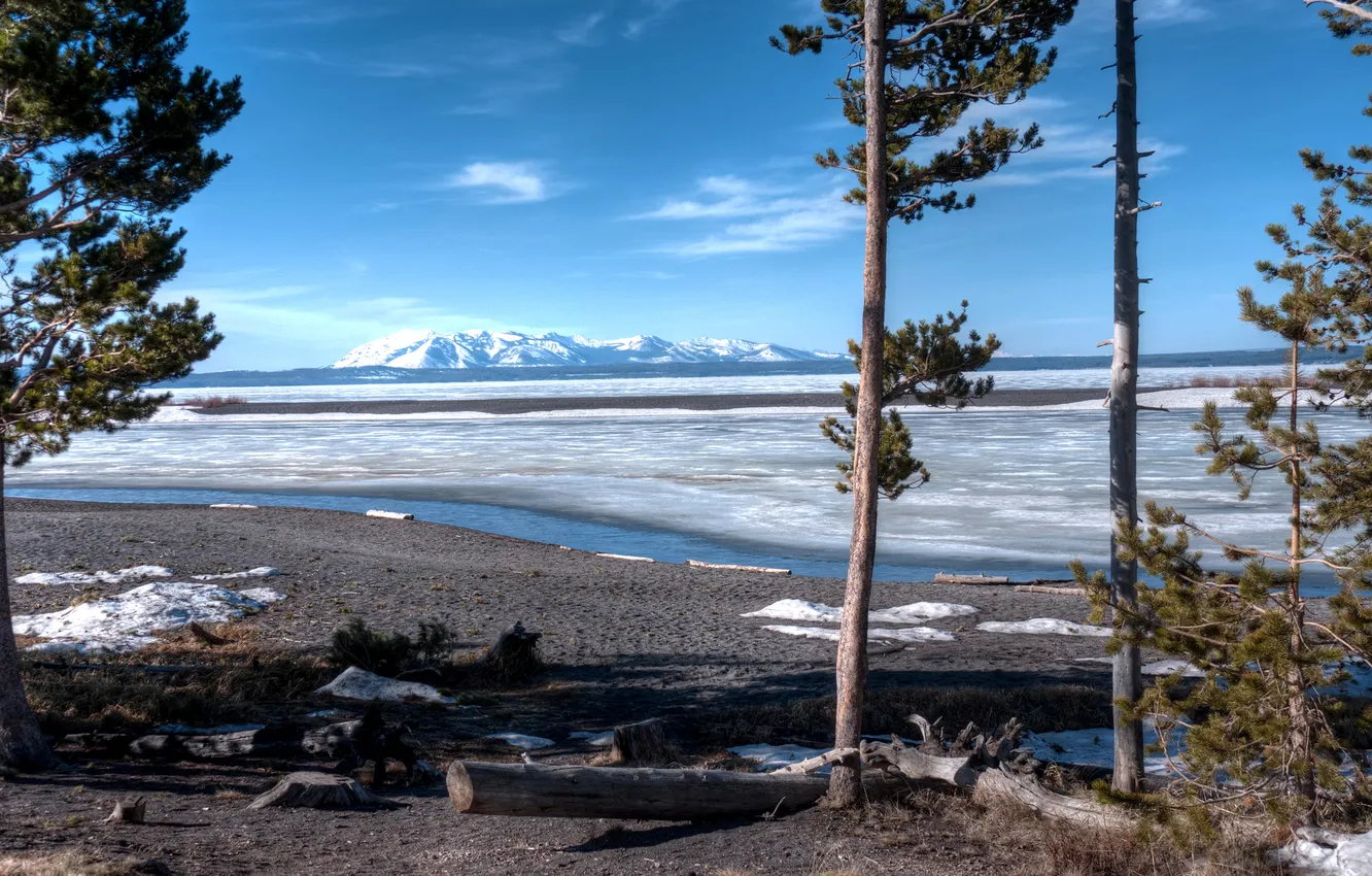 Фото обои лед, снег, деревья, озеро, берег, весна, США, солнечно