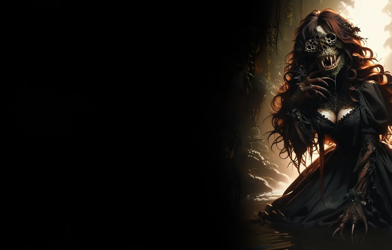 Фото обои девушка, монстр, чёрный фон, жуть