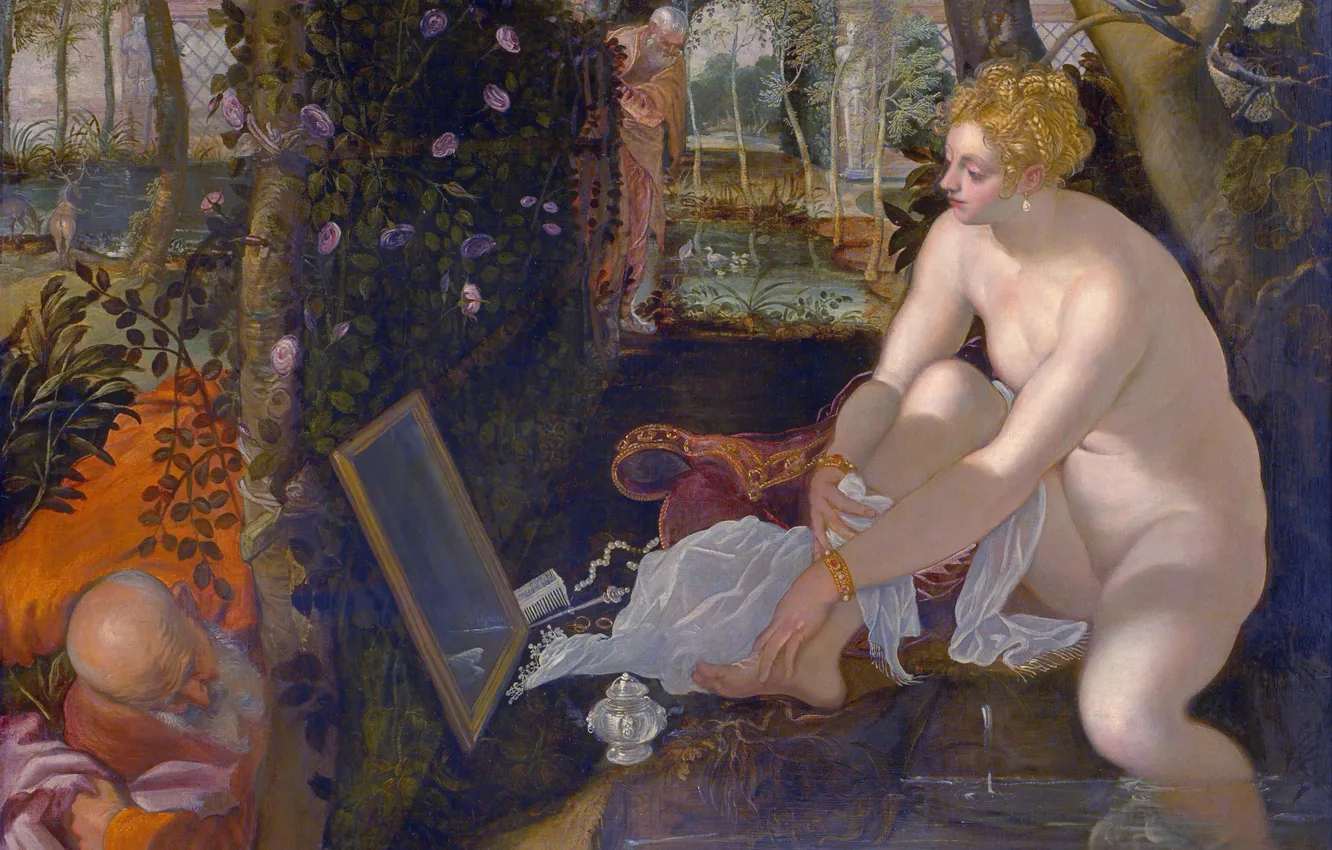 Фото обои Девушка, Картина, Обнажена, Тинторетто, Tintoretto, Итальянский художник, Старики, Jacopo Tintoretto