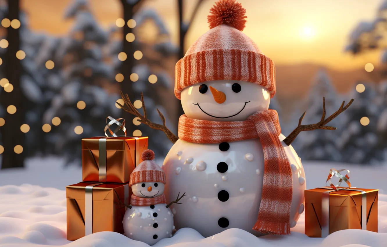 Фото обои зима, снег, Рождество, Новый год, снеговики, снеговик, ИИ-арт, нейросеть