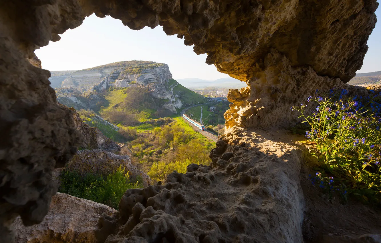 Фото обои пейзаж, горы, природа, скалы, ржд, электричка, железная дорога, Крым