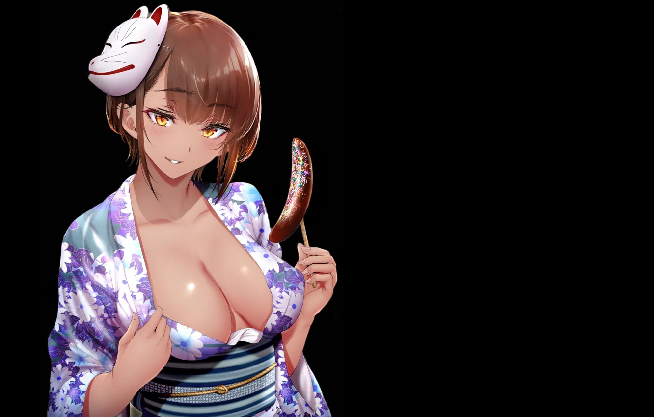 Фото обои Sexy, cleavage, anime, pretty, kimono, kitsune, matsuri, Choco banana