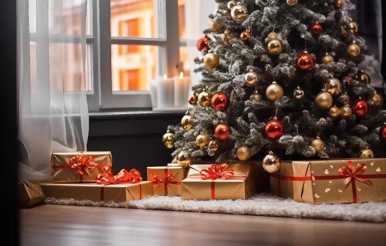 Фото обои украшения, комната, елка, интерьер, Рождество, подарки, Новый год, Christmas