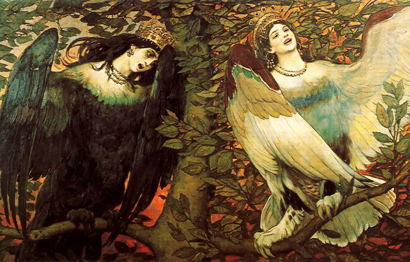 Фото обои женщины, птицы, дерево, листва, картина, живопись, Васнецов Виктор, Песнь радости и печали
