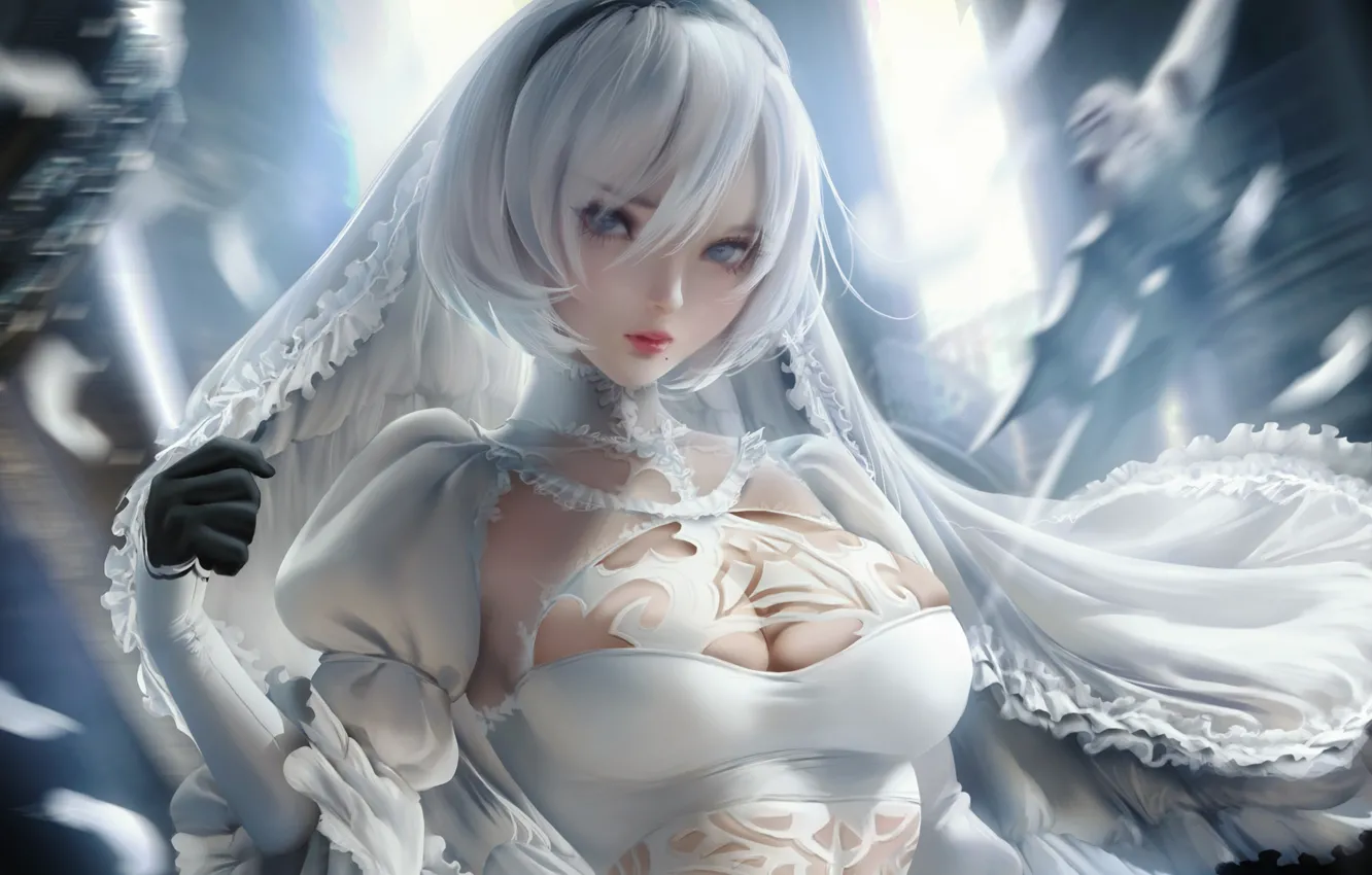 Фото обои girl, sexy, cleavage, blouse, boobs, anime, beautiful, short hair