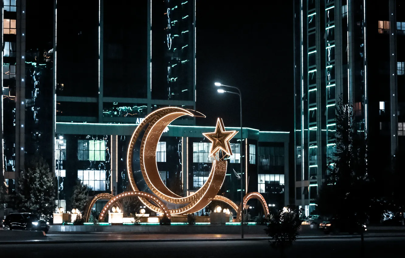 Фото обои Ночь, Высотки, Мечеть, Аргун