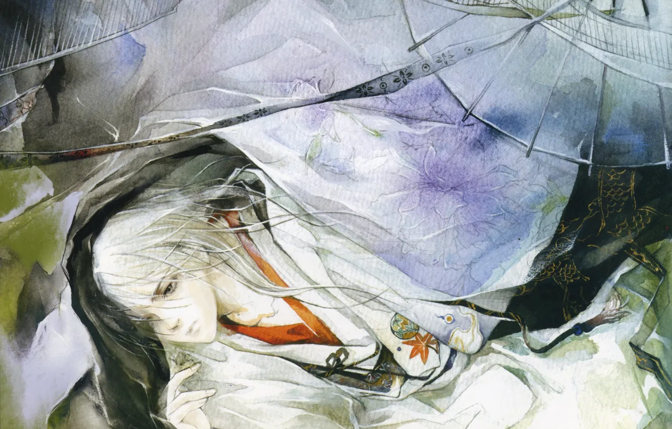 Фото обои зонт, акварель, парень, японская одежда, art, Eno, русунок, длинные белые волосы