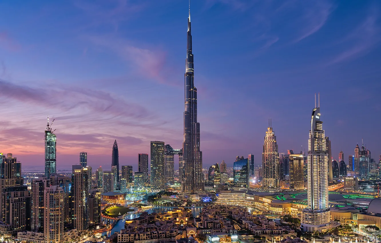 Фото обои здания, дома, панорама, Дубай, ночной город, Dubai, небоскрёбы, ОАЭ, Бурдж-Халифа, Burj Khalifa, UAE