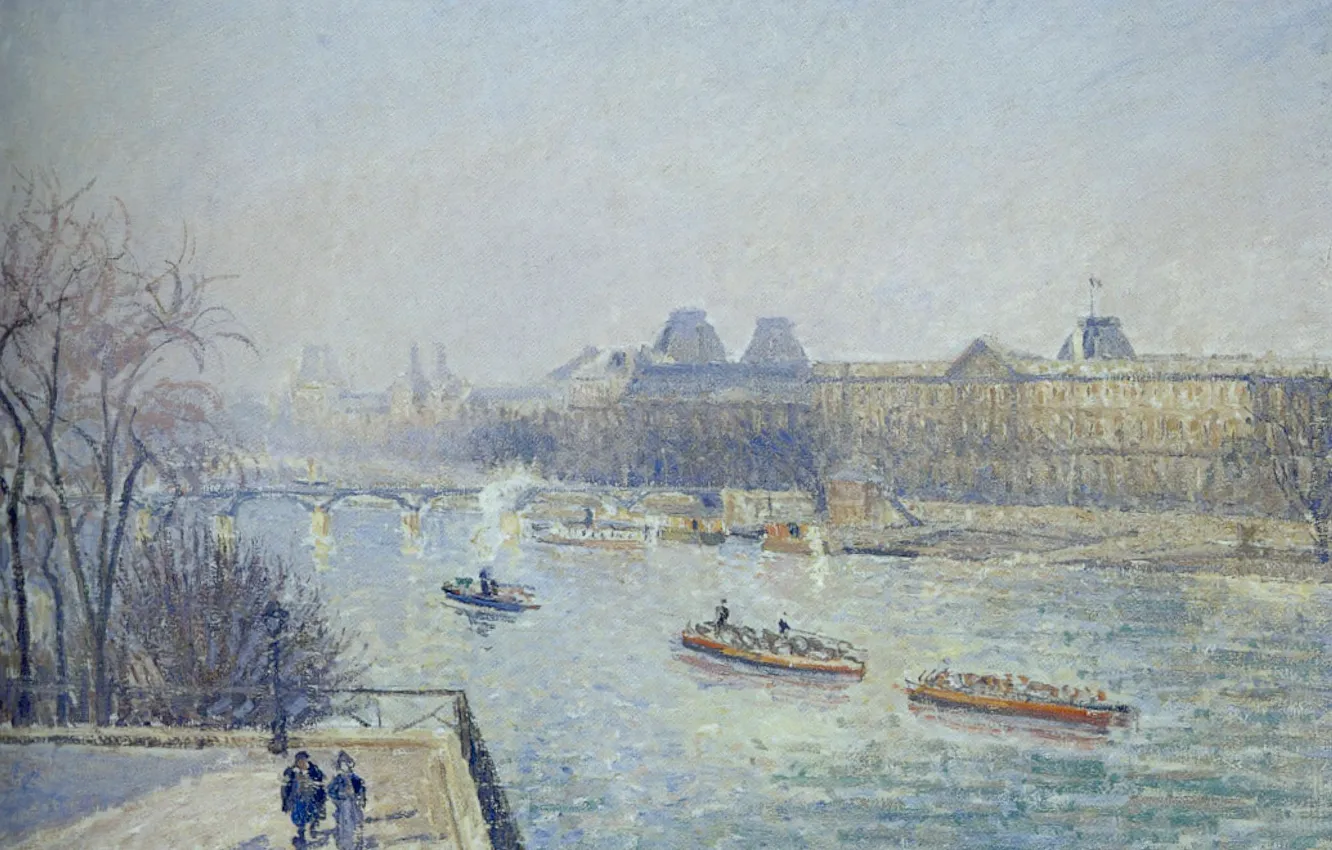 Фото обои река, Париж, картина, городской пейзаж, Камиль Писсарро, Лувр. Утро. Зимнее Солнце. Мороз. Пон-Нёф. Сена