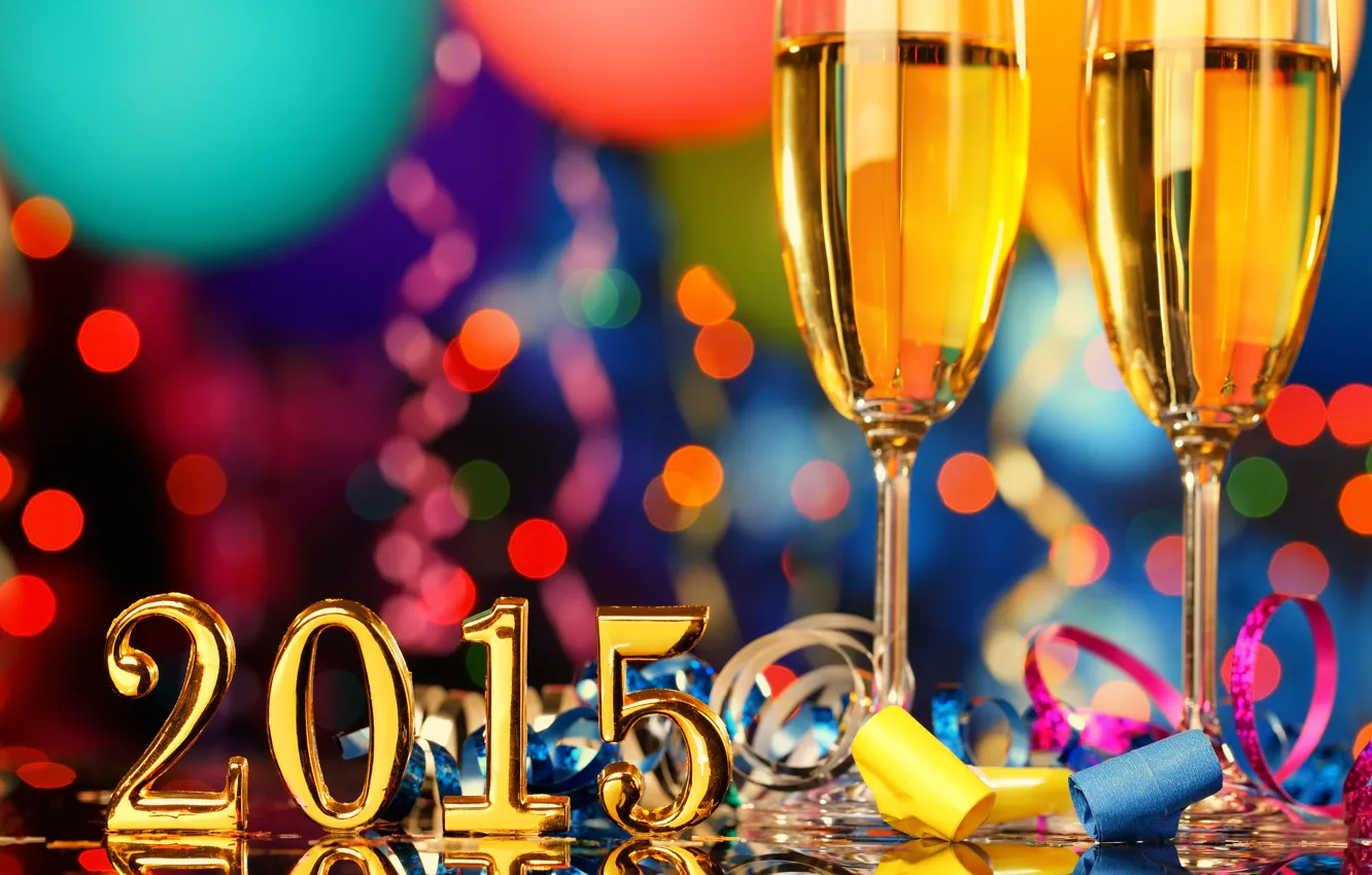 Фото обои Новый Год, бокалы, шампанское, серпантин, New Year, celebration, holiday, Happy