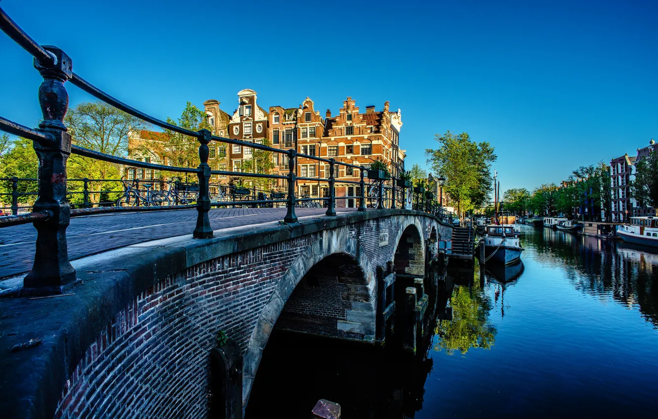 Фото обои мост, здания, дома, Амстердам, канал, Нидерланды, Amsterdam, Netherlands