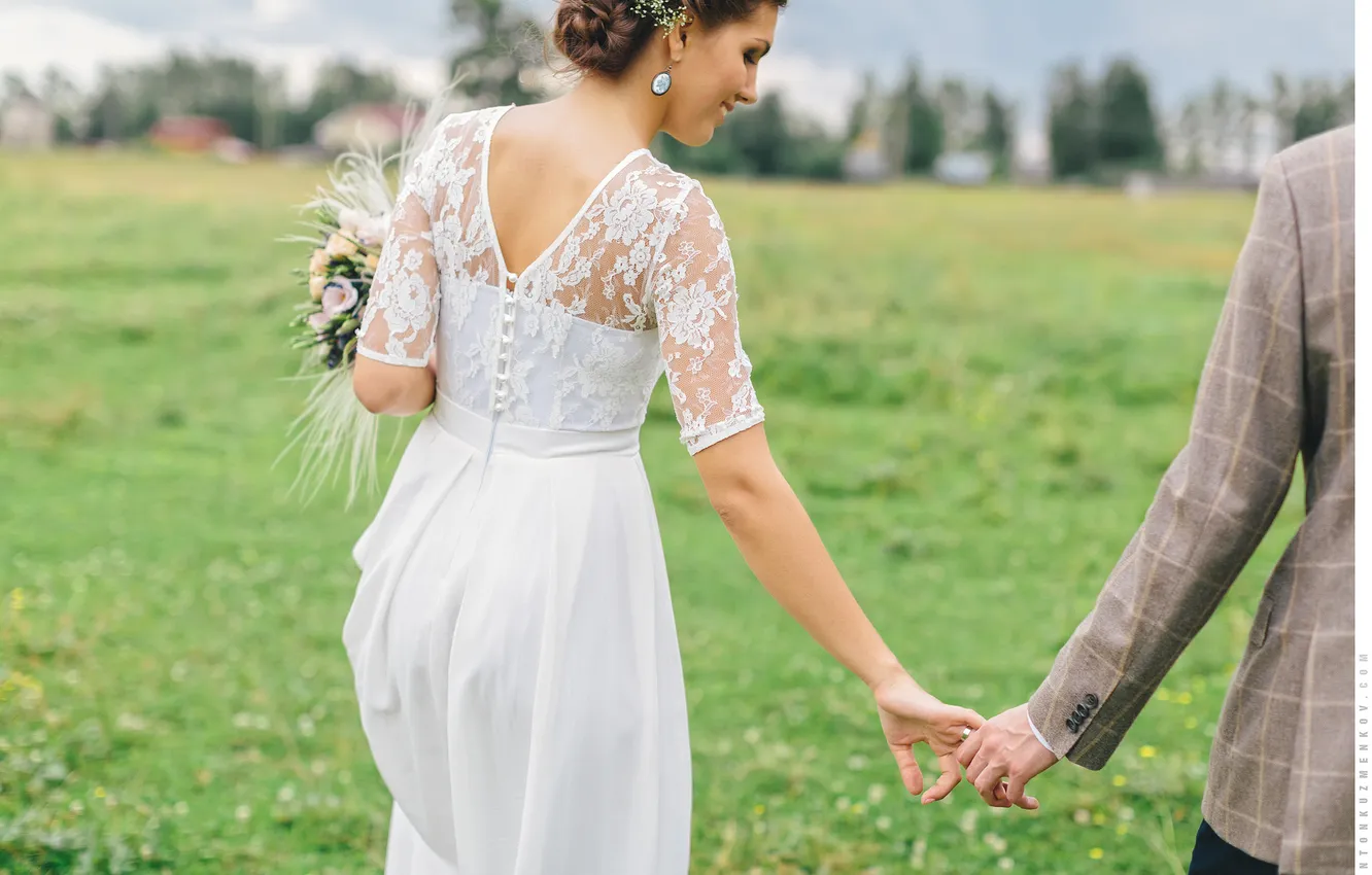 Фото обои девушка, букет, платье, невеста