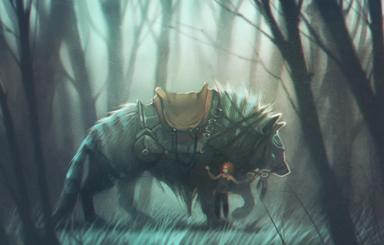 Фото обои волк, девочка, седло