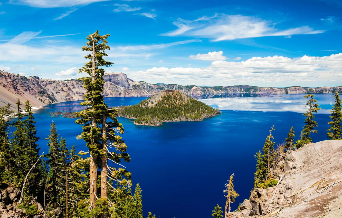 Фото обои деревья, остров, Орегон, Oregon, Crater Lake, Crater Lake National Park, Озеро Крейтер