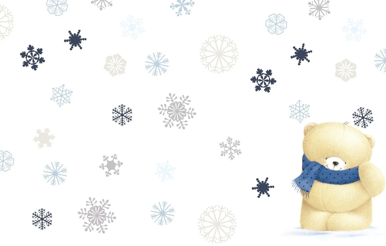 Фото обои зима, снежинки, настроение, минимализм, арт, мишка, шарфик, детская