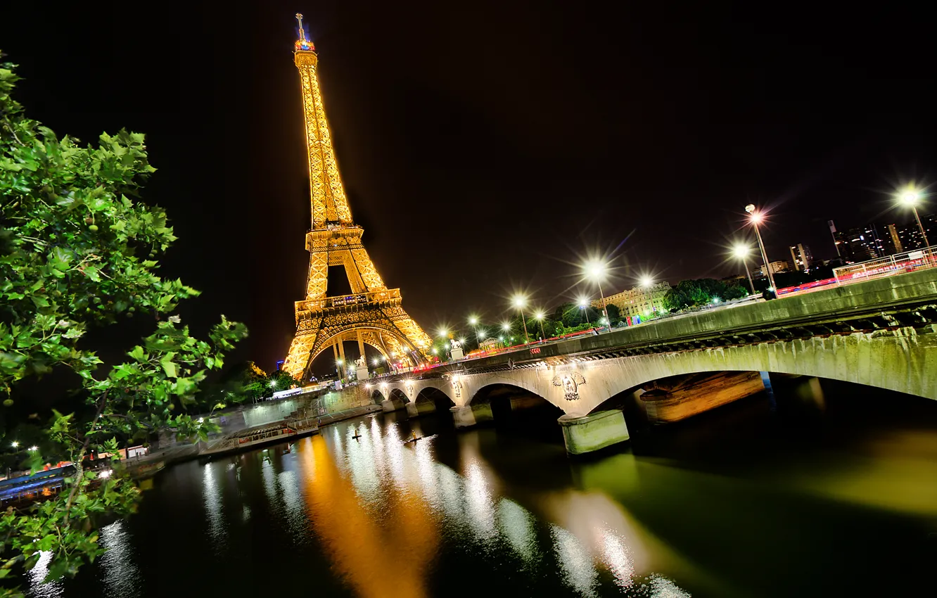 Фото обои свет, ночь, мост, город, река, Франция, Париж, Сена
