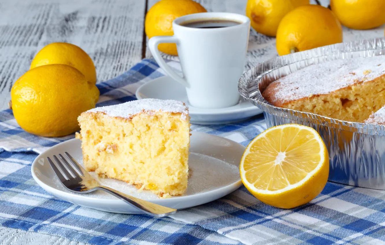 Фото обои чай, пирог, чашка, лимоны