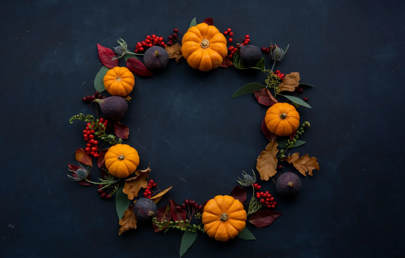 Фото обои листья, поверхность, фон, праздник, тыквы, хэллоуин, halloween, венок