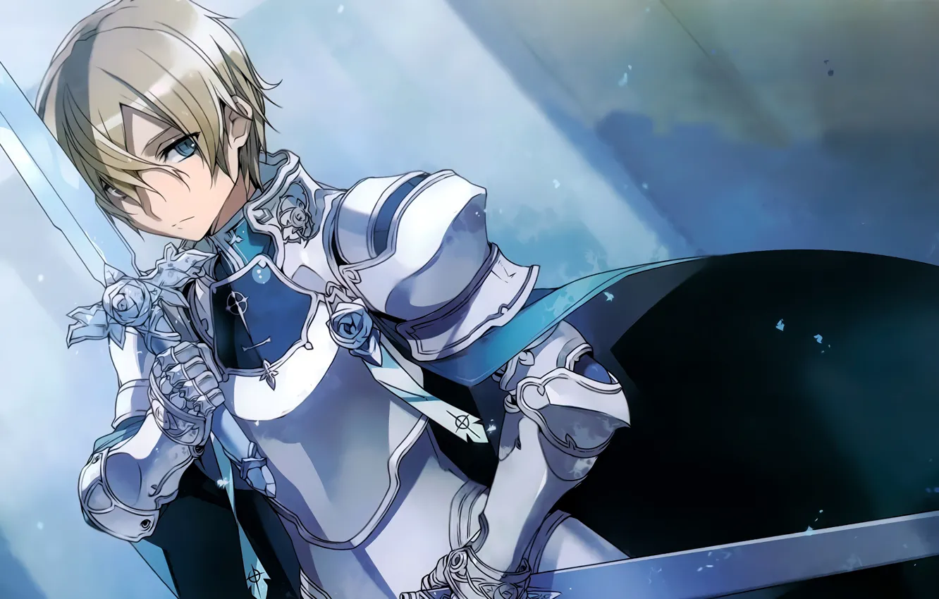 Фото обои меч, эмблема, рыцарь, плащ, блондин, ножны, голубая роза, Sword Art Online