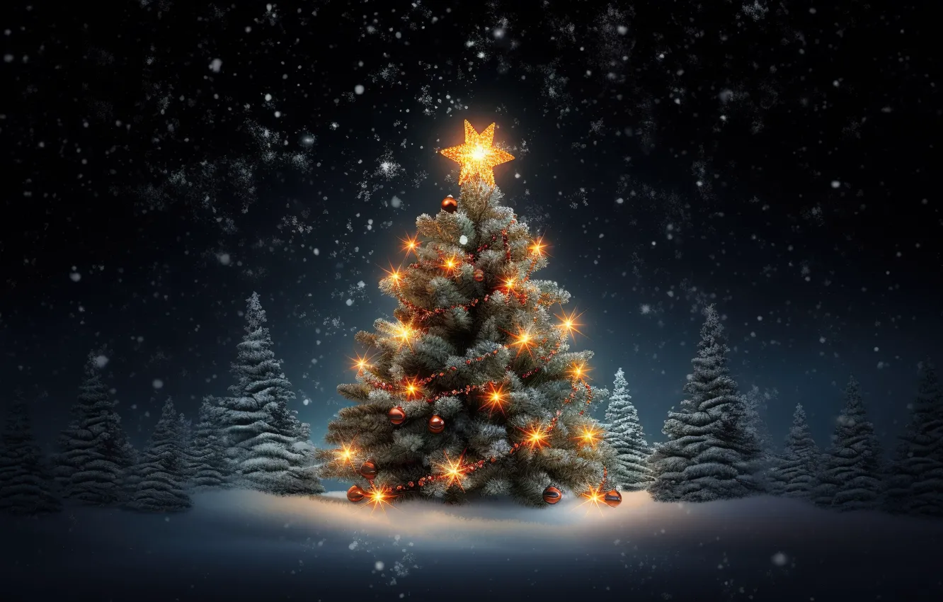 Фото обои зима, лес, снег, ночь, lights, елка, Новый Год, Рождество