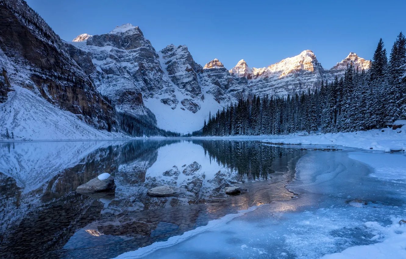 Фото обои Зима, Отражение, Горы, Озеро, Лёд