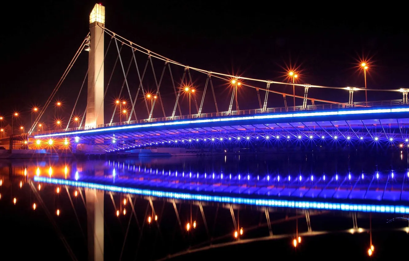 Фото обои ночь, мост, огни, отражение, Город