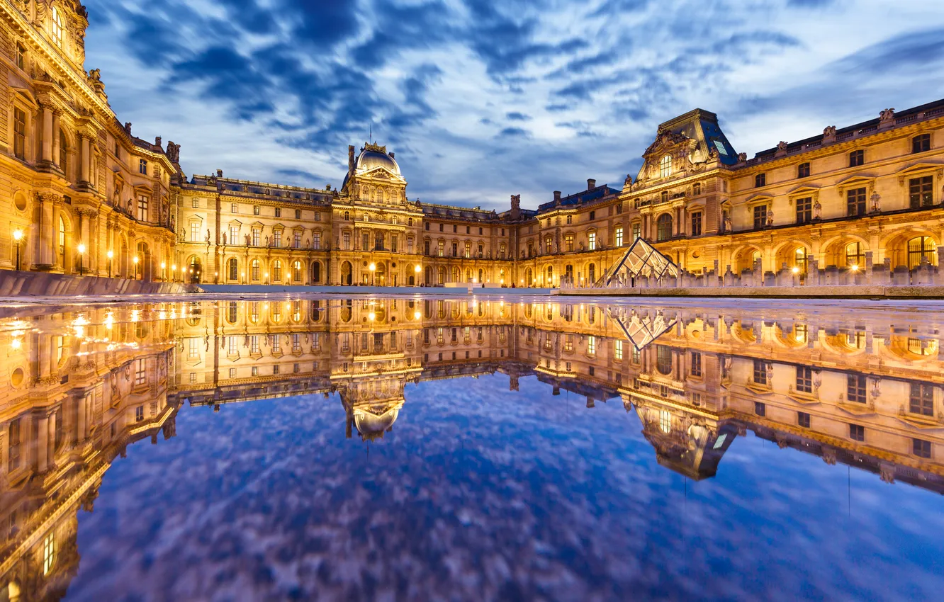 Фото обои вода, отражение, Франция, Париж, здание, Лувр, Paris, музей