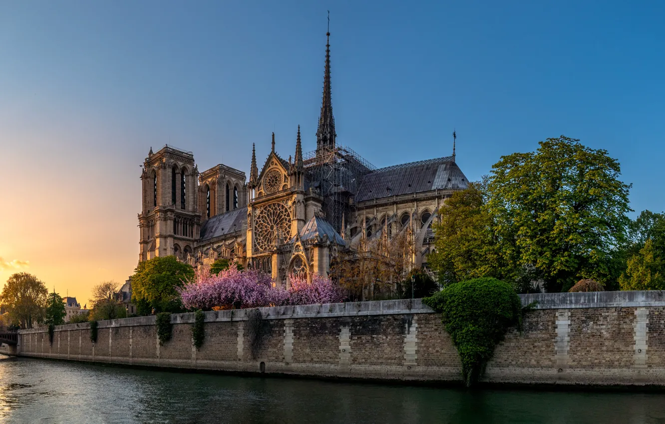 Фото обои город, река, Франция, Париж, вечер, Сена, собор, храм