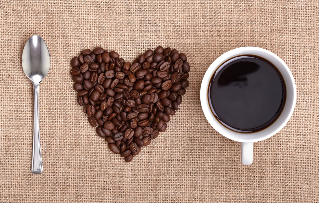 Фото обои сердце, кофе, зерна, ложка, чашка, i love coffee
