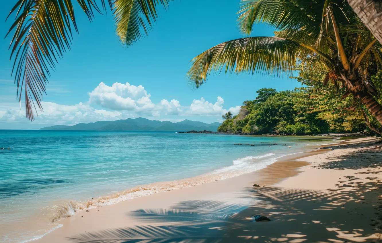 Фото обои песок, море, волны, пляж, лето, небо, облака, свет