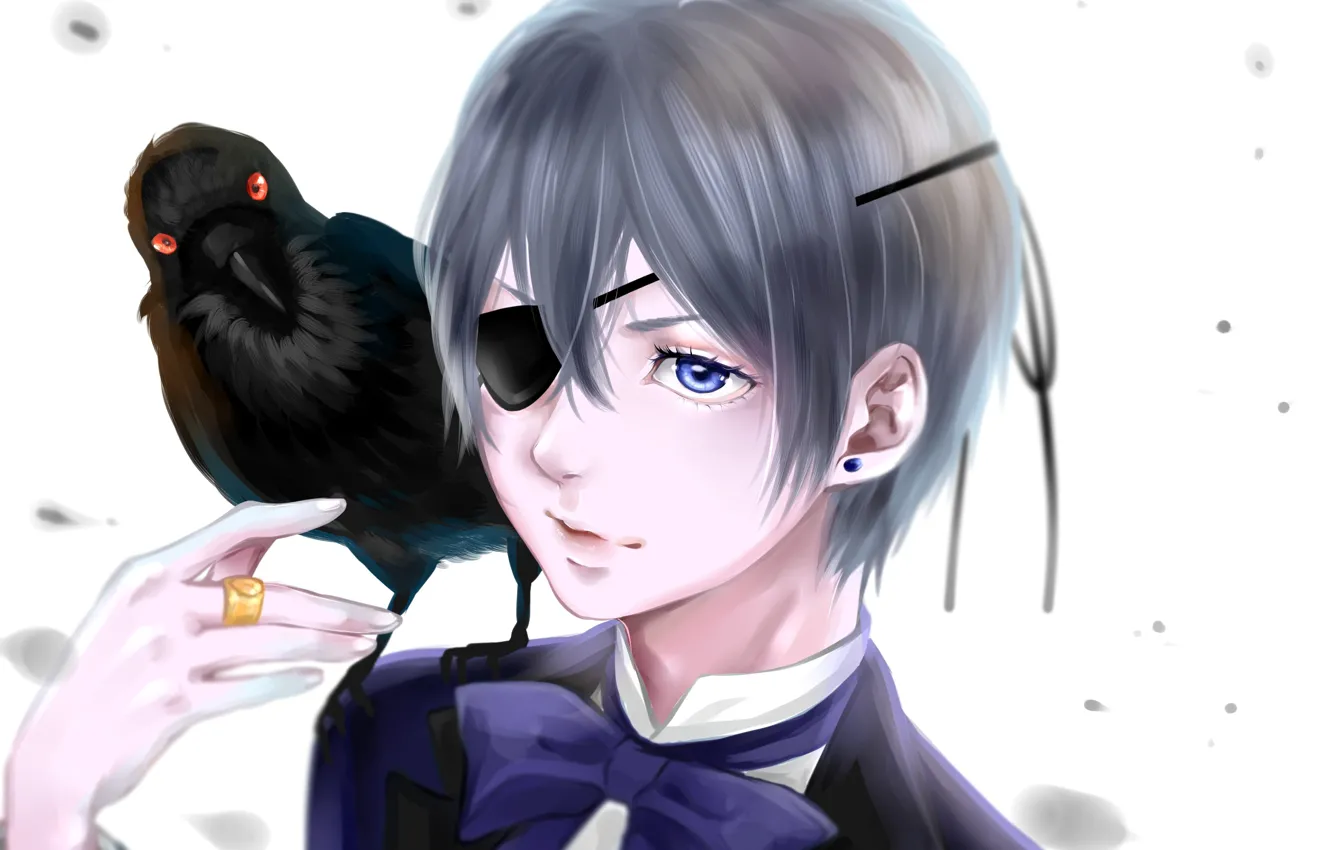 Фото обои птица, аниме, арт, ворон, Kuroshitsuji, Ciel Phantomhive, тёмный дворецкий
