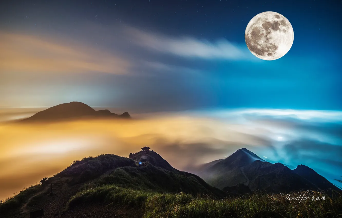 Фото обои звезды, пейзаж, горы, луна
