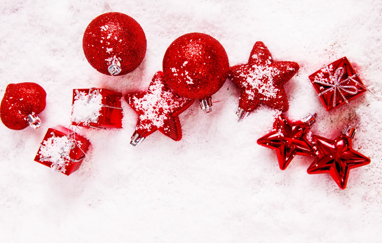 Фото обои зима, звезды, шарики, снег, шары, игрушки, Новый Год, Рождество