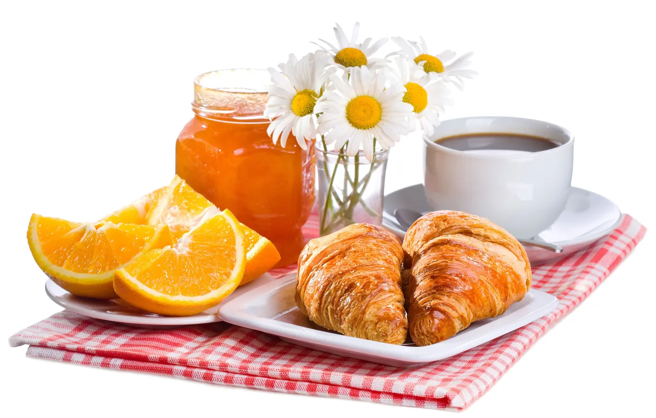 Фото обои кофе, ромашки, апельсины, завтрак, мед, чашка, honey, выпечка