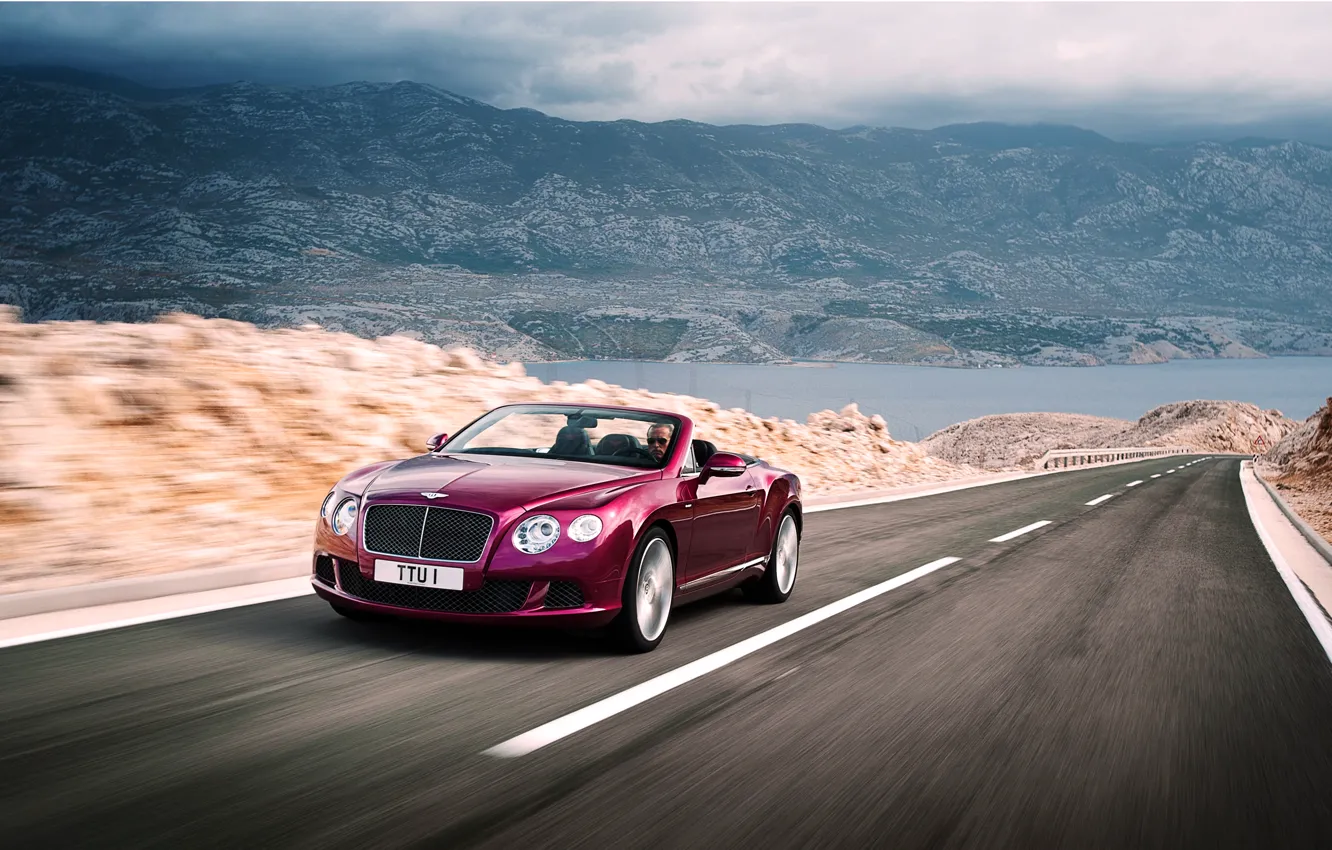 Фото обои Bentley, Continental, Дорога, Машина, Кабриолет, Бентли, Фиолетовый, Передок