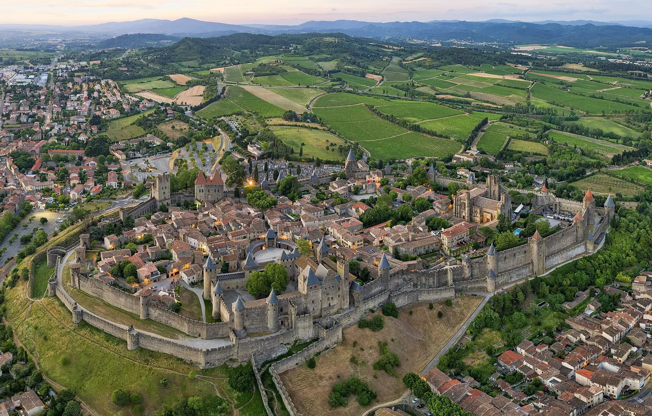 Фото обои город, Франция, сверху, панорама, aerial, Carcassonne