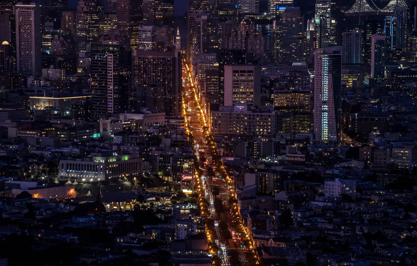 Фото обои дорога, ночь, город, огни, здания, мегаполис, вид сверху