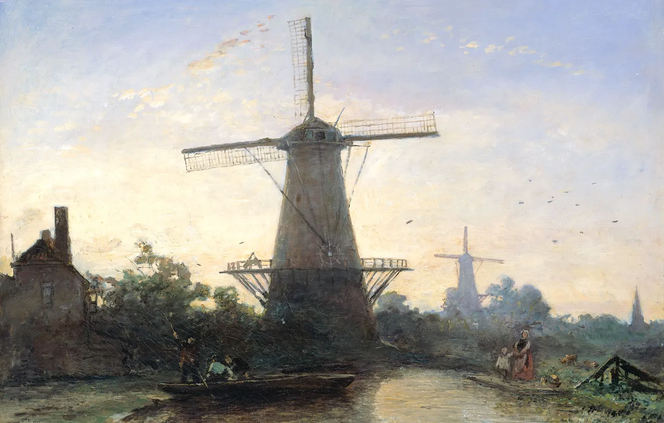 Фото обои пейзаж, масло, картина, Мельницы в Роттердаме, Ян Бартолд Йонгкинд