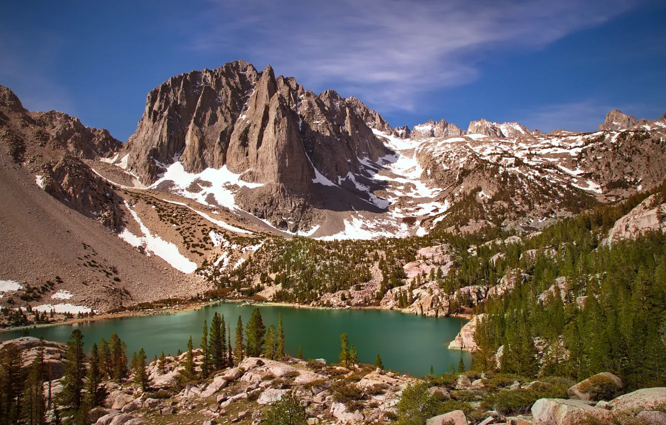 Фото обои горы, озеро, склоны, Калифорния, California, Сьерра-Невада, John Muir Wilderness, Temple Crag