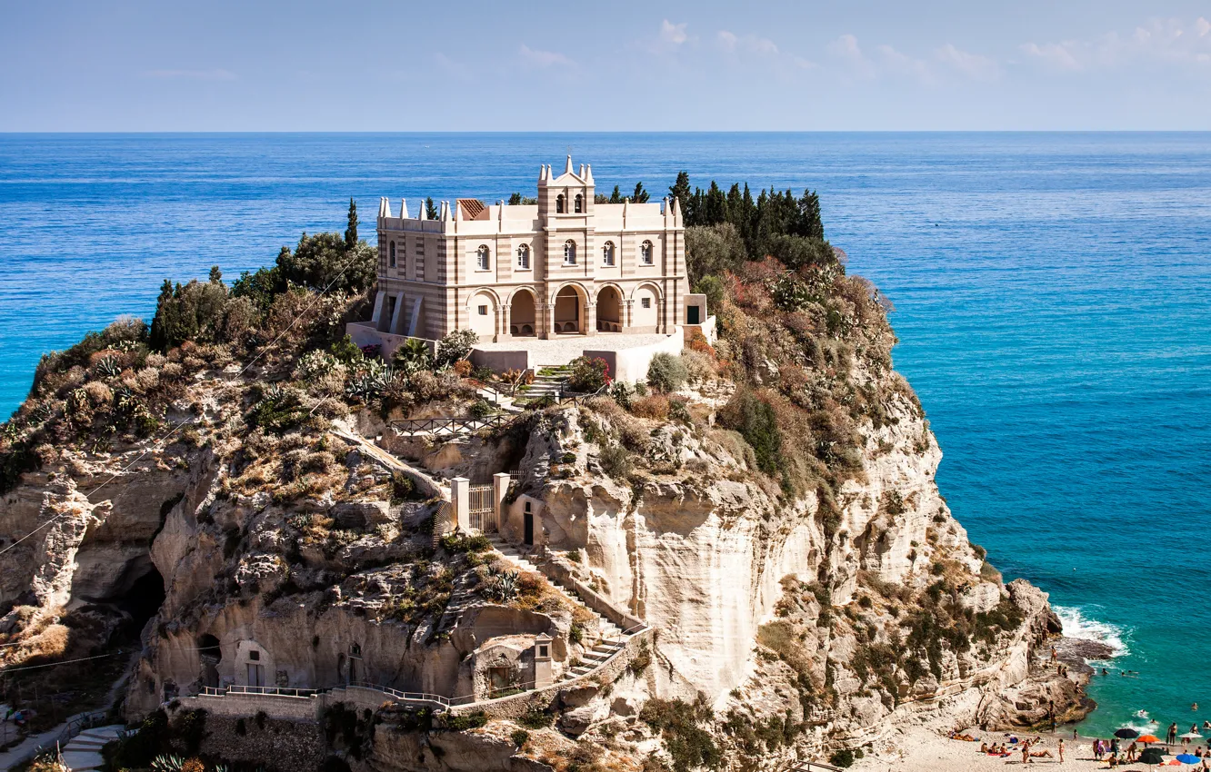 Фото обои скала, замок, Италия, Italy, Тирренское море, Тропеа, Tropea, Tyrrhenian Sea