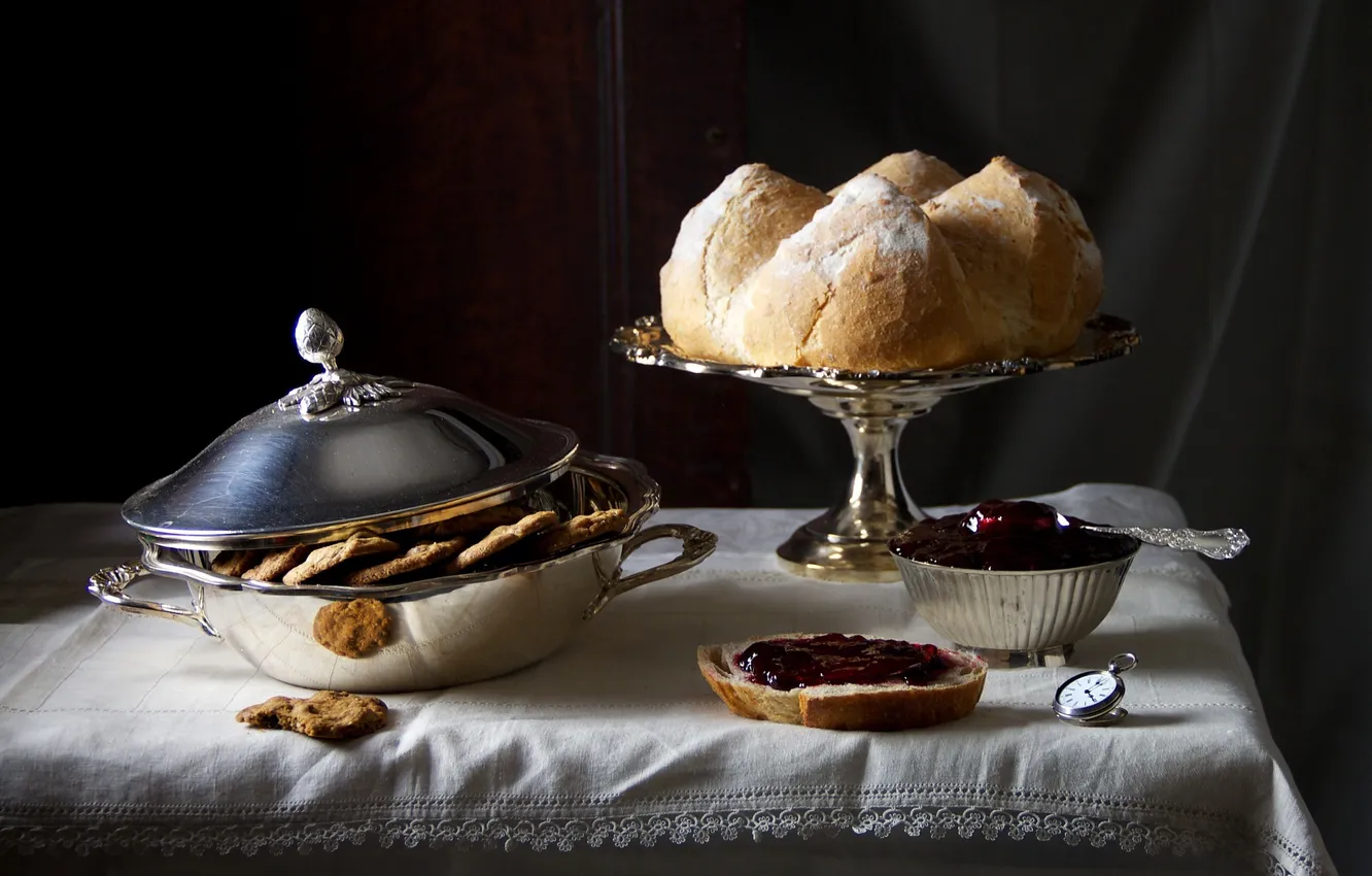 Фото обои часы, еда, завтрак, печенье, хлеб, нож, натюрморт, бутерброд